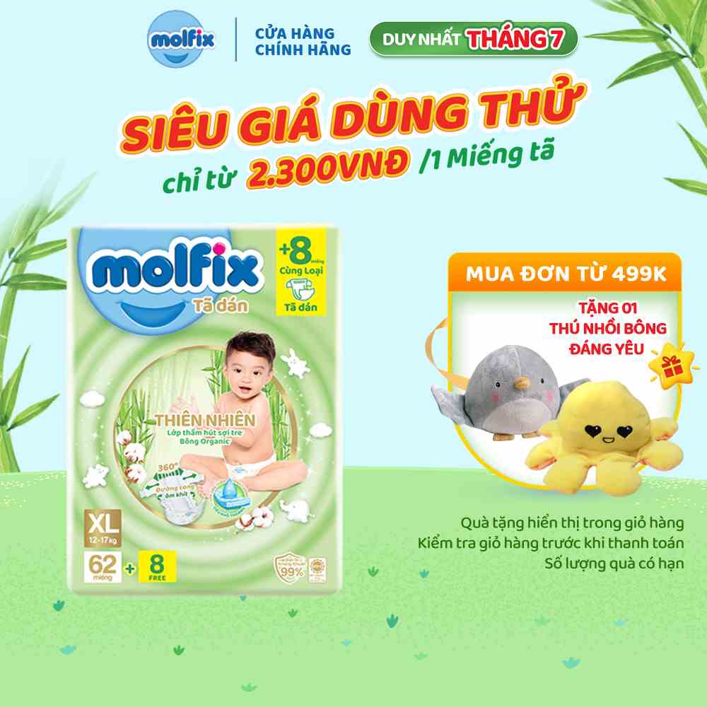 Tã/bỉm dán Molfix Thiên nhiên Super Jumbo XL (12kg 17kg) Gói 62+8 miếng