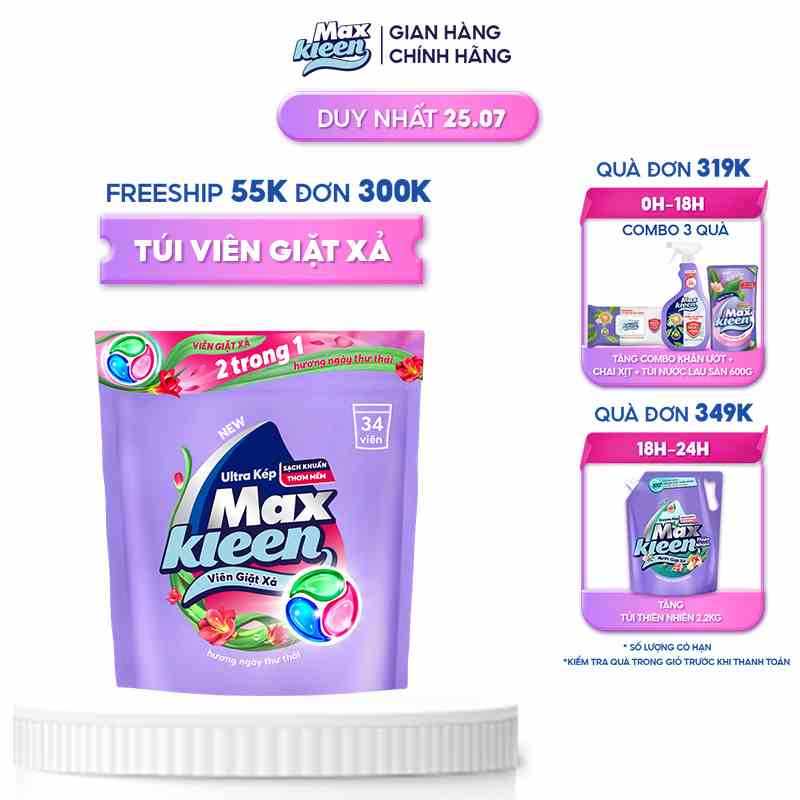 Túi Viên Giặt Xả MaxKleen 2 Trong 1 hương ngày thư thái (34 Viên/Túi)