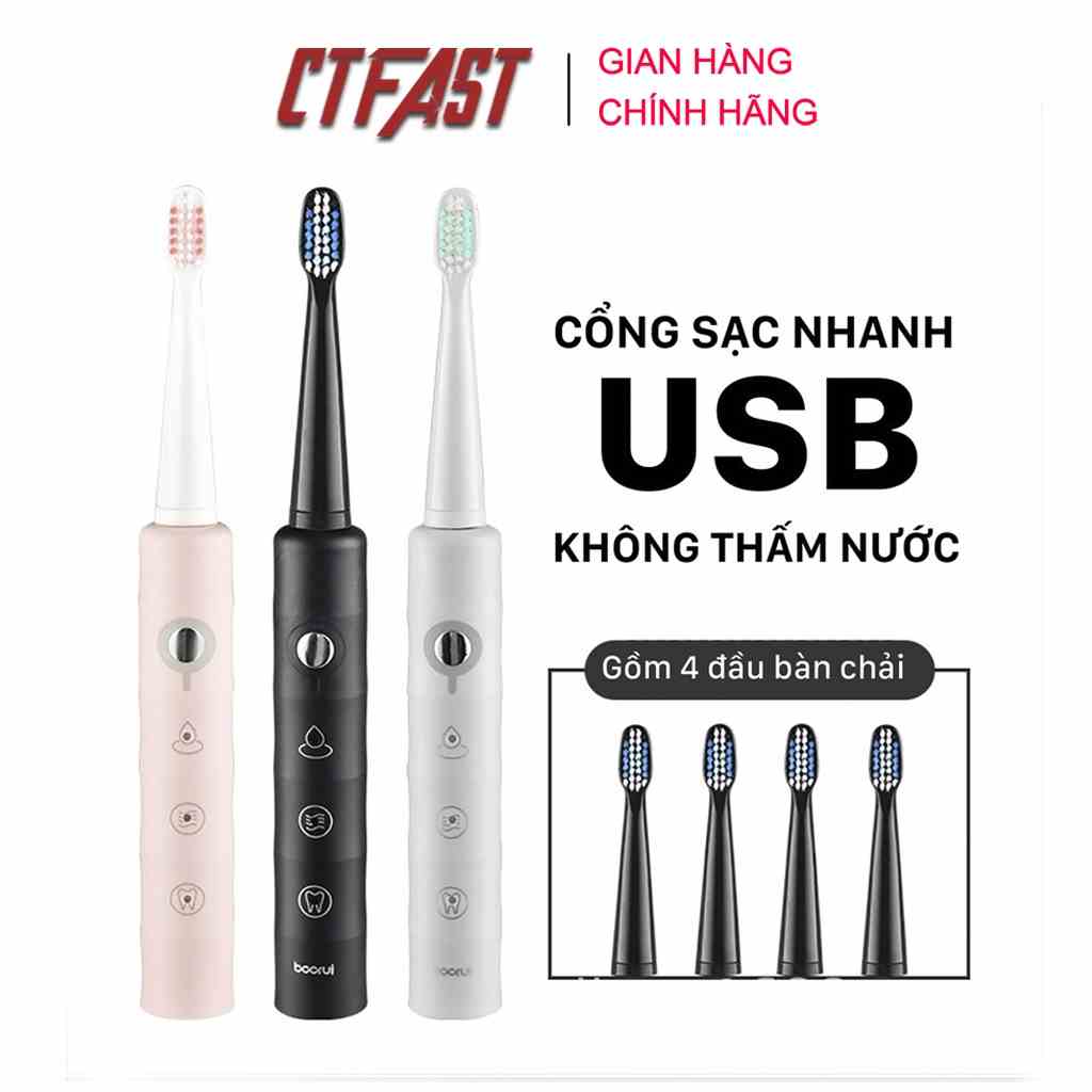 Bàn Chải Điện Clean Sonic CTFAST: 3 Chế Độ Đánh Răng, Tặng Kèm 3 Đầu Bàn Chải, Chống Nước IPX7, Sạc Nhanh USB