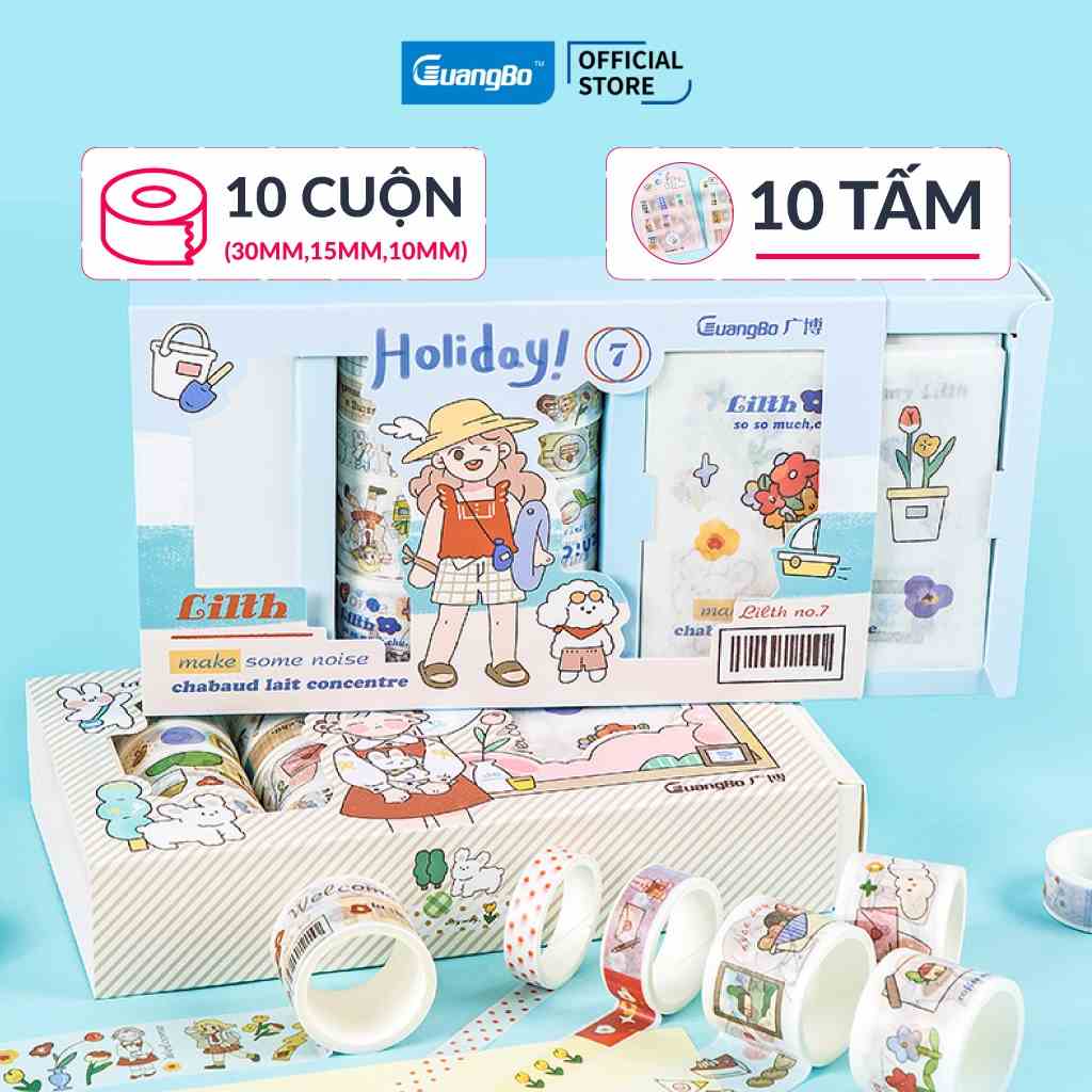 Bộ hộp 10 cuộn băng dính washi tape + 10 stickers GuangBo 4 chủ đề trang trí sổ Bullet Journal H97044