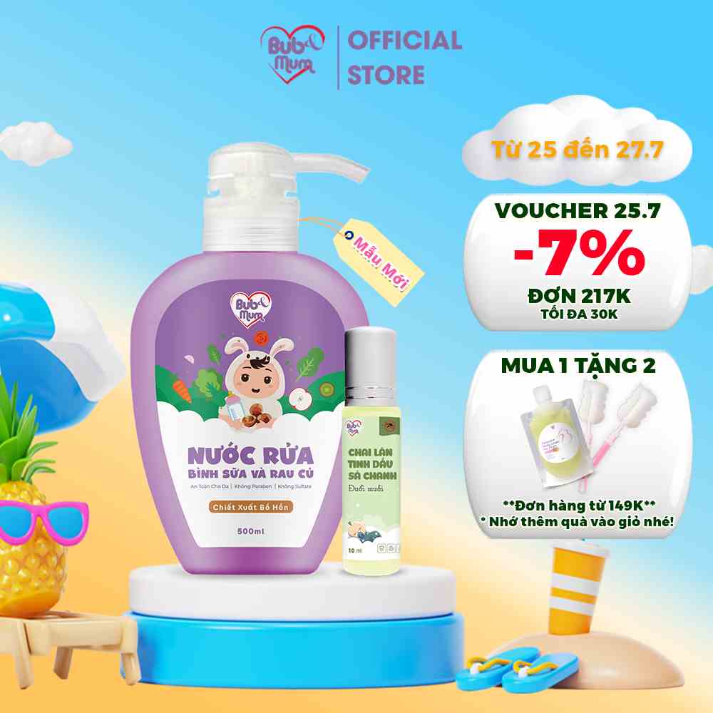 Combo Nước Rửa Bình Sữa & Rau Củ Quả 500ml Và Chai Lăn Làm Dịu Vết Côn Trùng Cắn Tinh Dầu Mù U + Oải Hương 10ml Bub&Mum