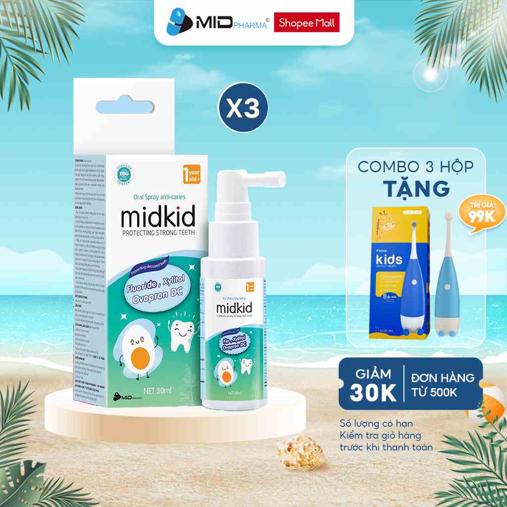 Combo 3 hộp Xịt chống sâu răng Midkid, giúp bảo vệ men răng làm trắng răng, ngăn ngừa mảng bám ố vàng