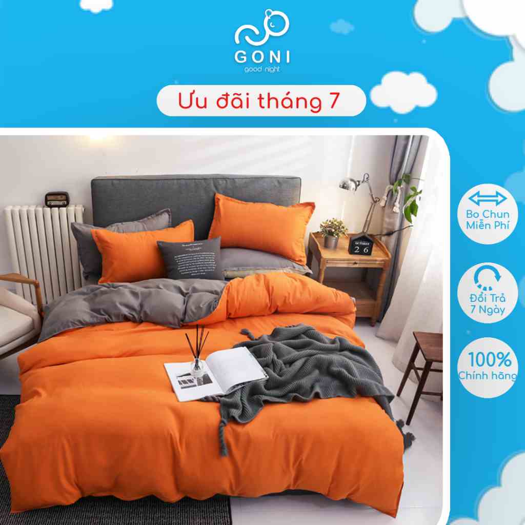 Bộ Chăn Ga Gối Cotton Tici GONI Drap Giường Phối Màu Cam Xám Đủ Kích Thước Trải Nệm Không Kèm Ruột