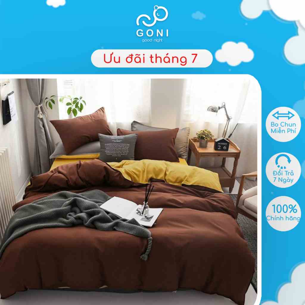 Bộ Chăn Ga Gối Cotton Tici GONI Drap Giường Phối Màu Nâu Caramel Đủ Kích Thước Trải Nệm Không Kèm Ruột