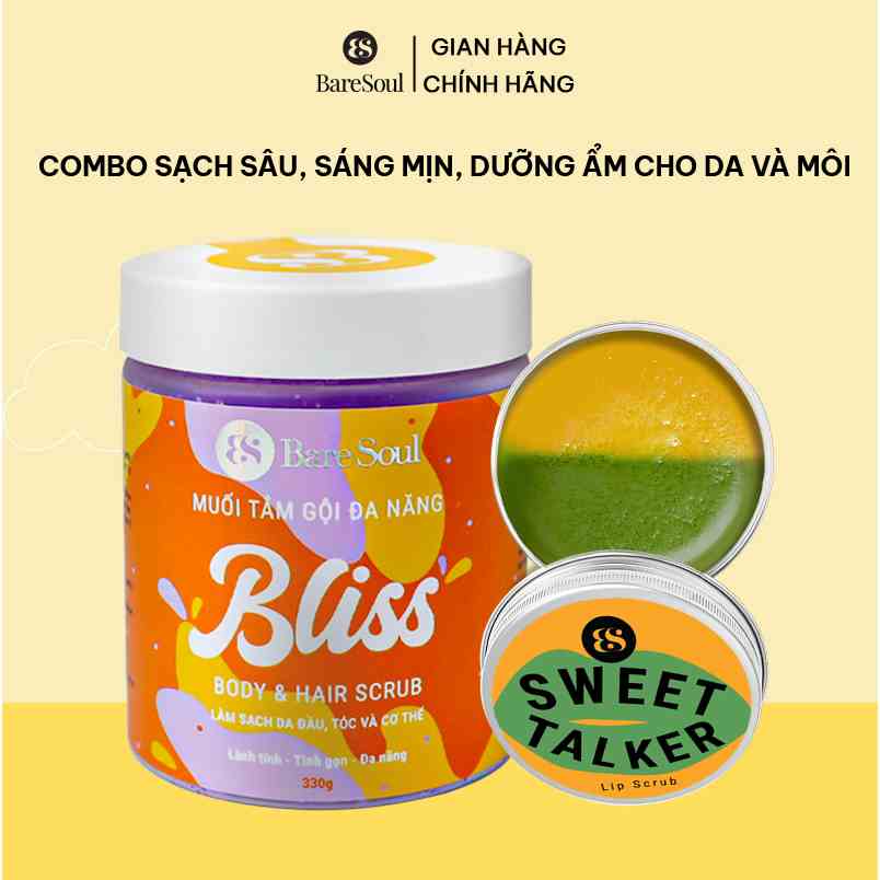 Combo sạch sâu, sáng mịn, dưỡng ẩm cho da và môi BareSoul BLISS Body Hair Scrub 330g + Sweet Talker Lip Scrub 20g