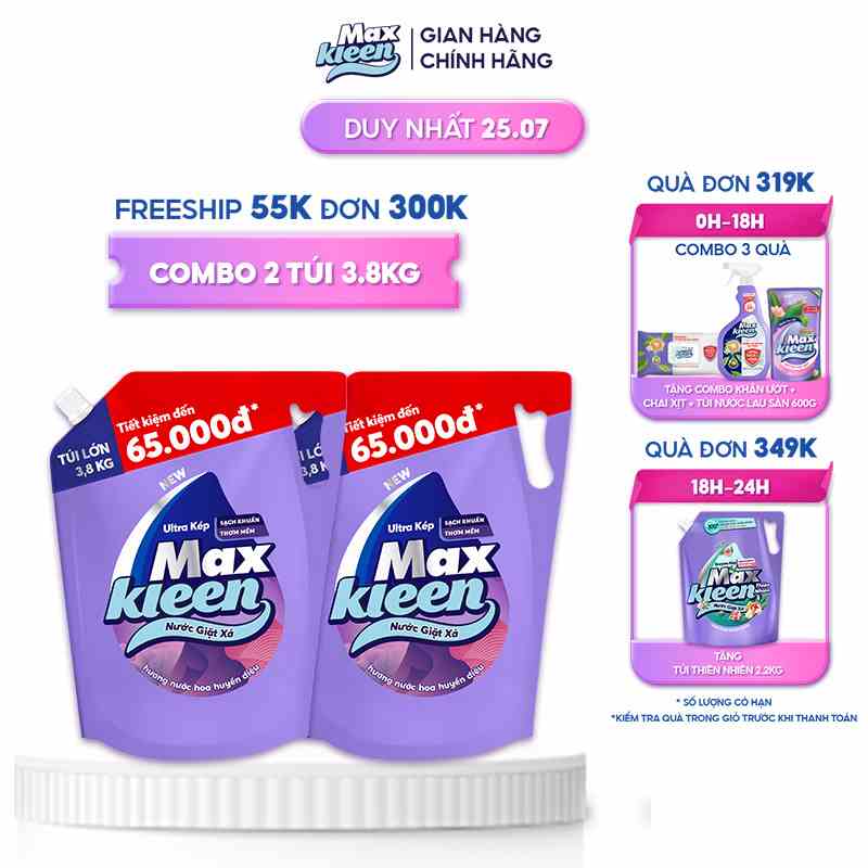 Combo 2 Túi Nước Giặt Xả Maxkleen Hương Nước Hoa Huyền Diệu 3.8kg/túi