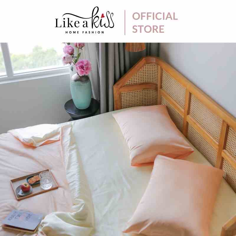 Bộ Chăn Ga Lụa Champagne Morning LIKE A KISS | Cam Pastel + Champagne | Vải Lụa Mịn Mát Và Thân Thiện Cho Da