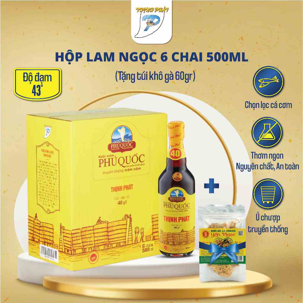 Hộp 6 chai thuỷ tinh 500ml nước mắm truyền thống Thịnh Phát Lam Ngọc 40 độ đạm nguyên chất từ cá cơm