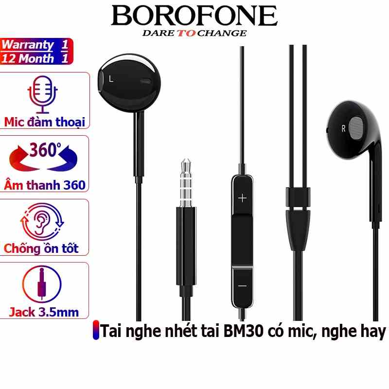 Tai nghe nhét tai BOROFONE BM30 chống ồn, nghe hay có mic đàm thoại, dây dài 1.2m, Jack cắm 3.5mm - Chính hãng