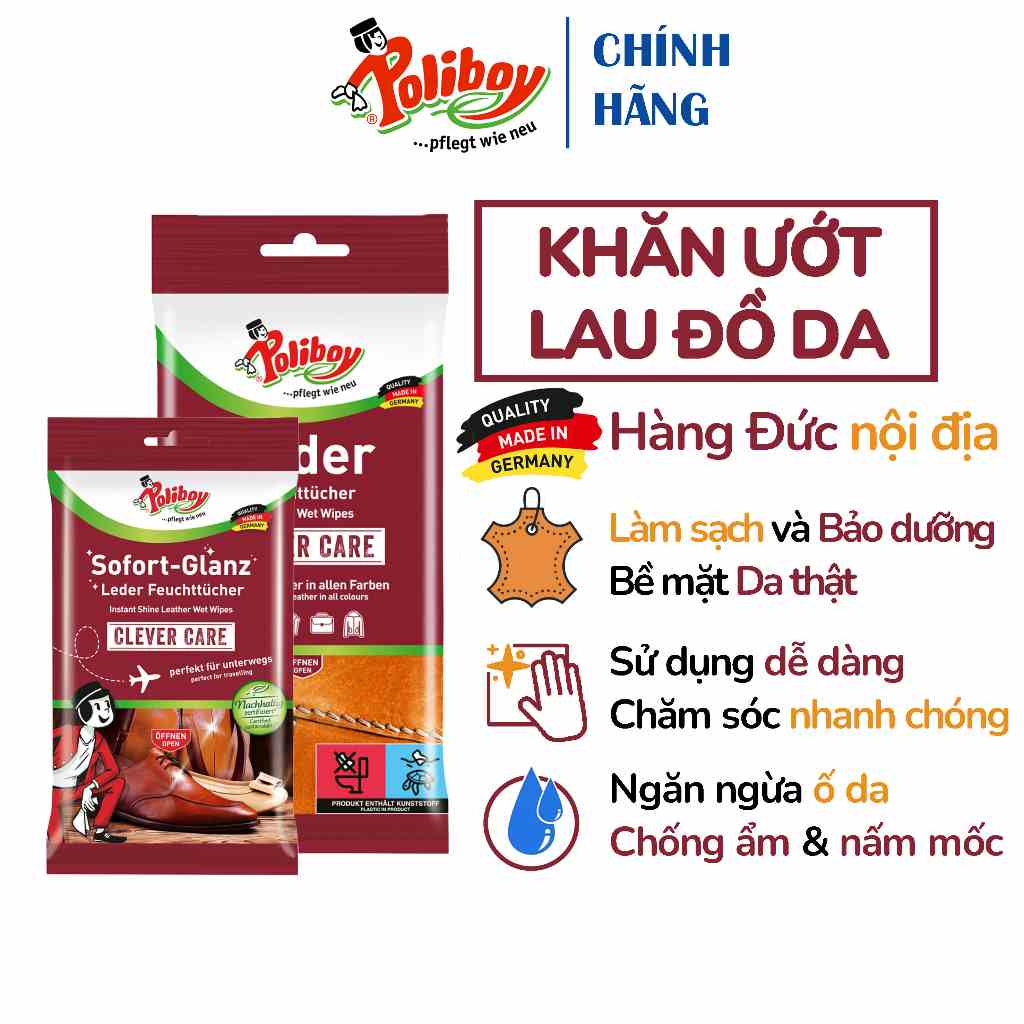 Khăn Ướt Làm Sạch Đồ Da Cao Cấp POLIBOY Làm Bóng Túi Da, Làm Mới Giầy Da, Vệ Sinh Ghế Da