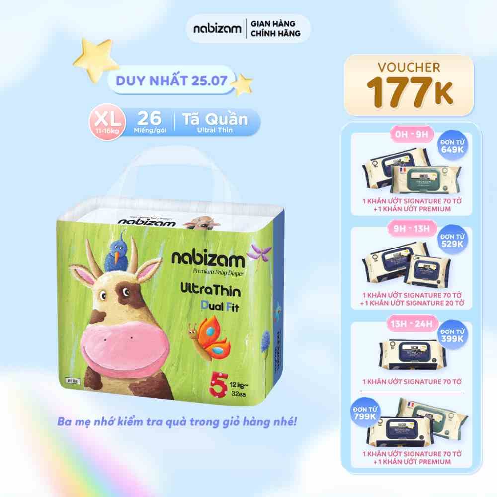 Tã/Bỉm Quần Nabizam UltraThin Nội Địa Hàn Cao Cấp Size XL Cho Bé Từ 11-16kg, 26 miếng