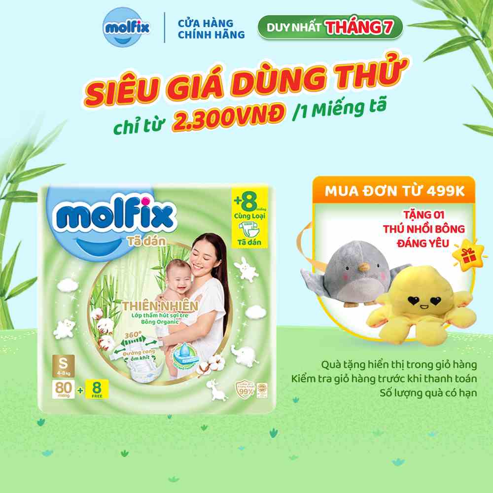 Tã/bỉm dán Molfix Thiên nhiên Super Jumbo S (4kg - 8kg) - Gói 80+8 miếng