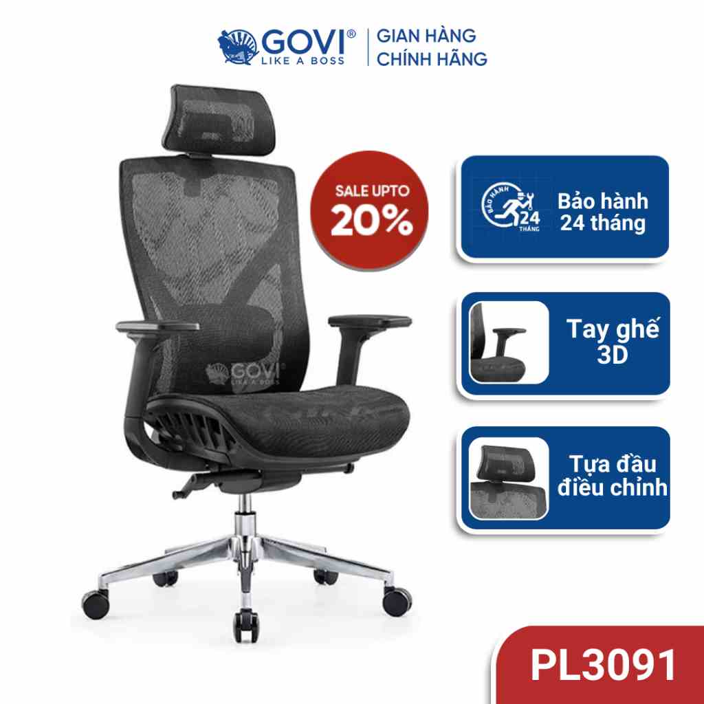 Ghế công thái học GOVI Ergonomic Plato PL3091 - Tựa tay, tựa đầu điều chỉnh, đệm ghế trượt trước sau, khóa ngả 3 vị trí