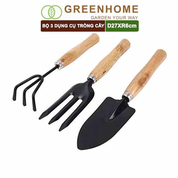 Dụng cụ trồng cây, D25cm, Greenhome, cán gỗ, lưỡi thép, gồm xẻng, cảo, chĩa, làm vườn, xới đất dễ dàng