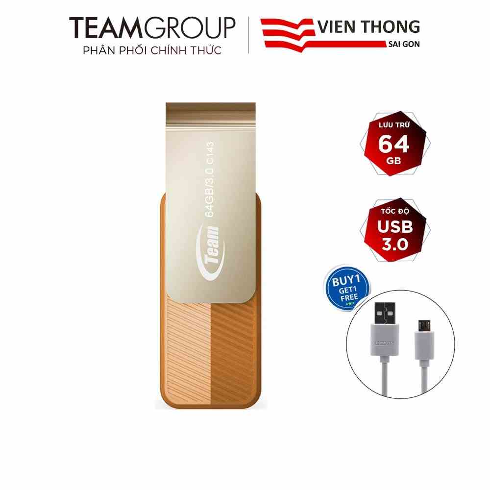 [Mã BMLTA35 giảm đến 35K đơn 99K] USB 3.0 Team Group C143 64GB nắp xoay 360 + Cáp micro USB tròn Romoss