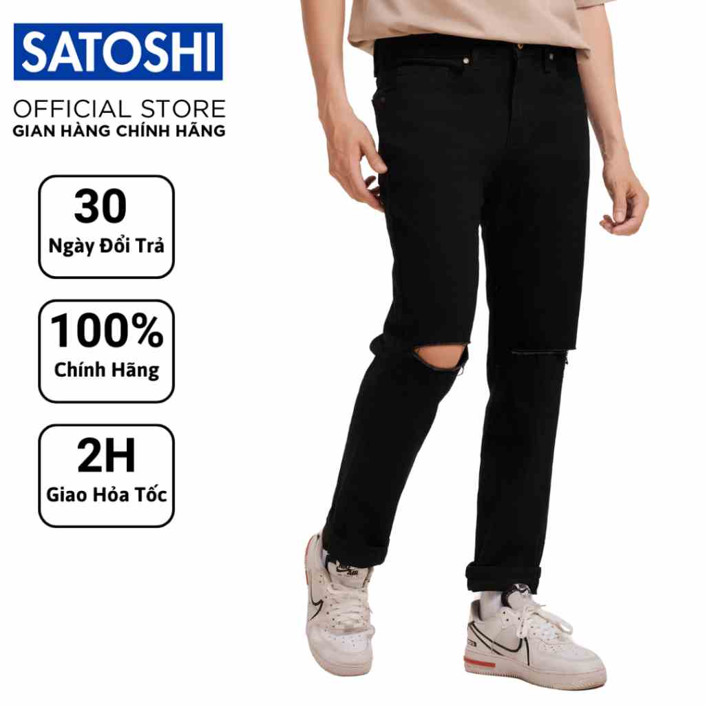 Quần jean nam Satoshi SAQJ32 dáng vừa màu đen rách gối chất jean co giãn nhẹ mặc thoải mái