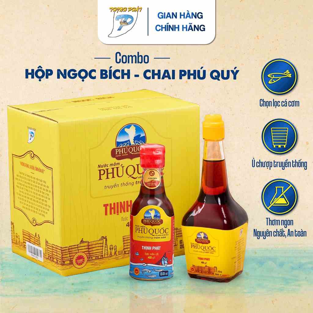 Combo nước mắm Thịnh Phát hộp 6 chai Ngọc Bích 200ml 40 độ đạm và 1 chai Phú Quý 50ml 43 độ đạm- chai thuỷ tinh