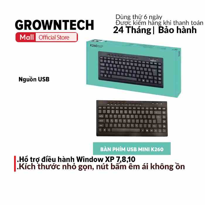 Bàn phím mini USB K260 có dây thiết kế nhỏ gọn, tiện dụng, sử dụng cho điện thoại, máy tính bảng, PC GrownTech