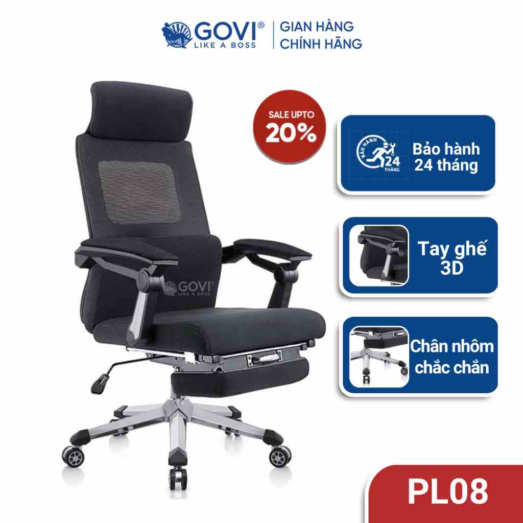 Ghế công thái học GOVI Ergonomic Plato PL08 - Thiết kế tựa đầu cố định, có gác chân, ngả lưng 90-180 độ