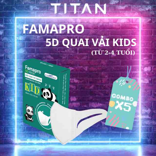 [Famapro 5D Baby Quai Vải - Bé 2~4 Tuổi ] Combo 5 Hộp Khẩu trang kháng khuẩn 3 lớp (10 cái/hộp)