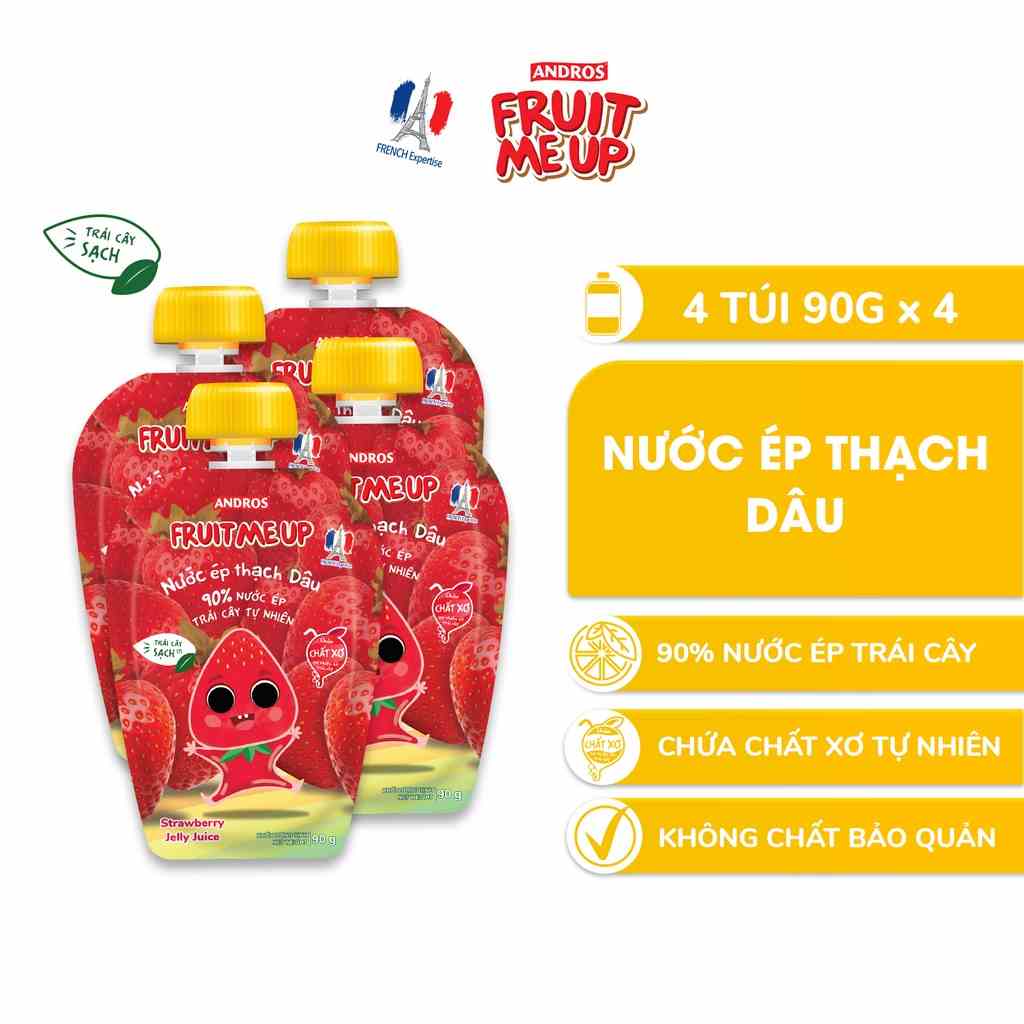 Combo 4 túi Nước Ép Thạch Dâu - 90% Nước Ép Trái Cây Thật - ANDROS FRUIT ME UP- 90gx4