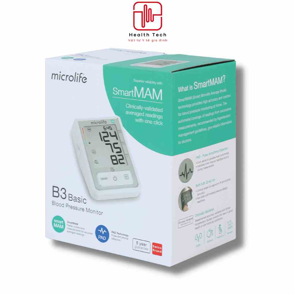 Máy đo huyết áp và nhịp tim Microlife B3 Basic có cảnh báo rối loạn nhịp tim, đo nhanh chính xác - Health Tech