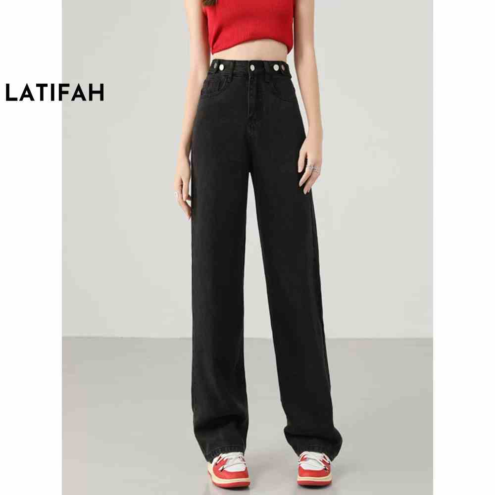 Quần baggy jean nữ LATIFAH ống rộng dài 98cm gài cúc eo màu đen QD042