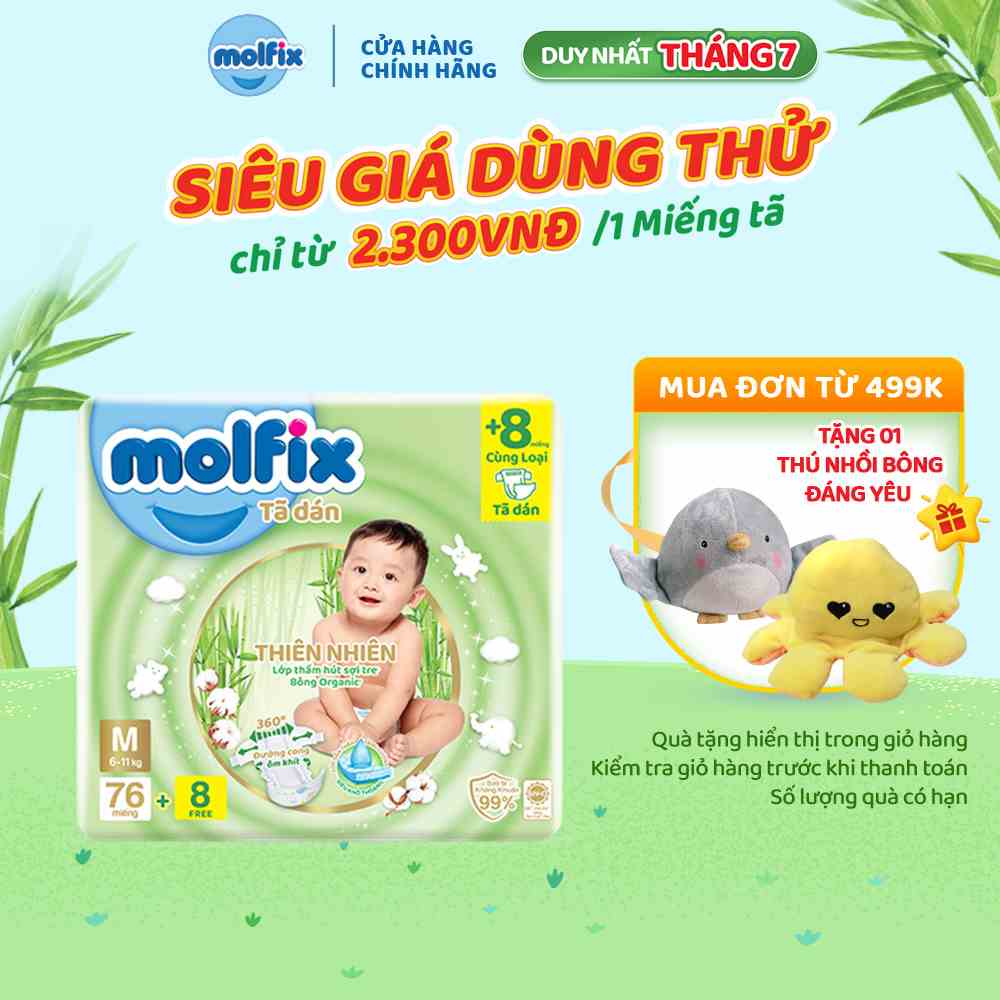 Tã/bỉm dán Molfix Thiên nhiên Super Jumbo M (6kg 11kg) Gói 76+8 miếng