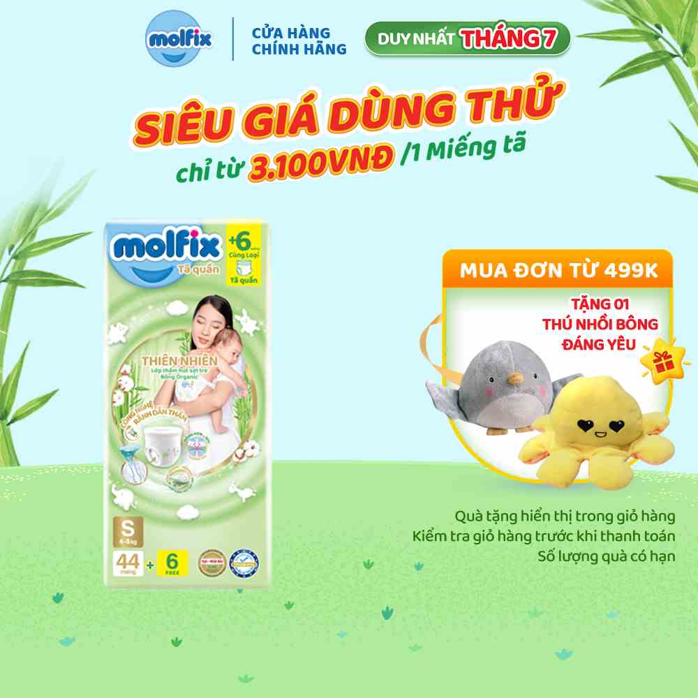 Tã/bỉm quần Molfix Thiên nhiên Jumbo S (4kg - 8kg) - Gói 44+6 miếng