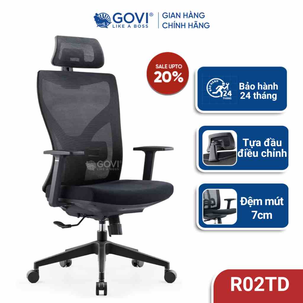 Ghế xoay văn phòng công thái học Ergonomic GOVI R02TD ngả lưng tốt, lưới thoáng mát, đệm êm ái bảo vệ sức khỏe