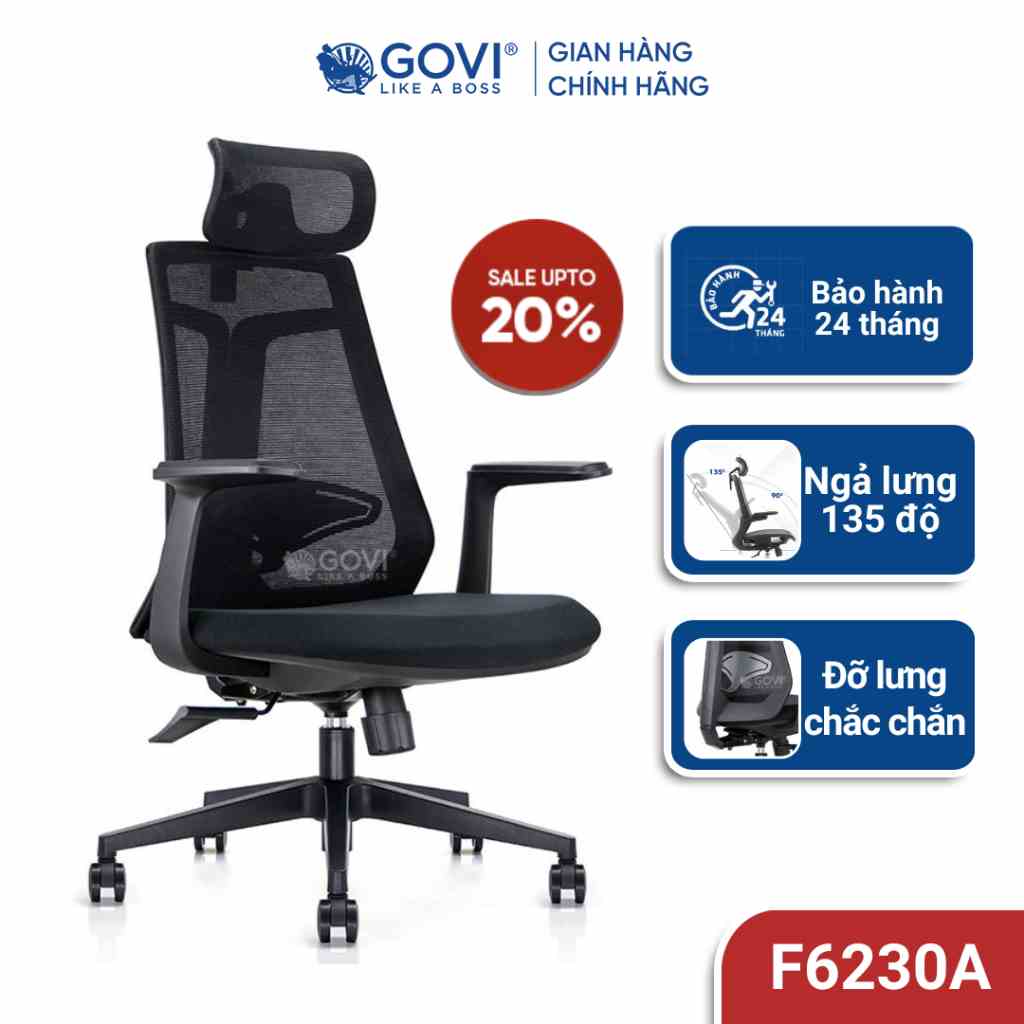 Ghế xoay văn phòng công thái học GOVI Felix F6230A - Tựa đầu điều chỉnh, tựa tay cố định, ngả lưng 135 độ, khóa 2 vị trí