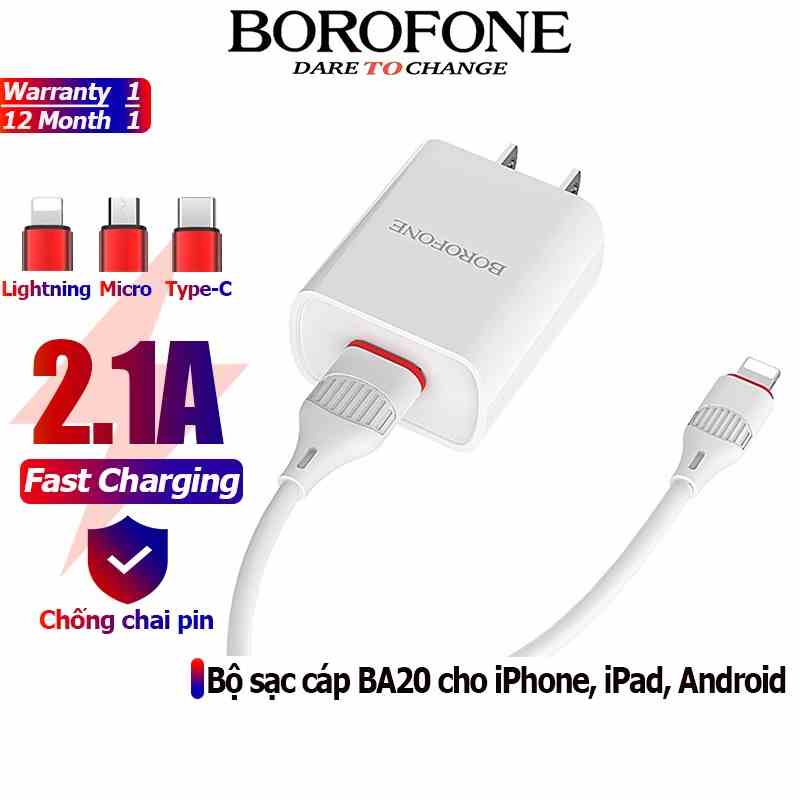 Bộ sạc cáp 2.1A BOROFONE BA20 dây dài 1m - Chính hãng