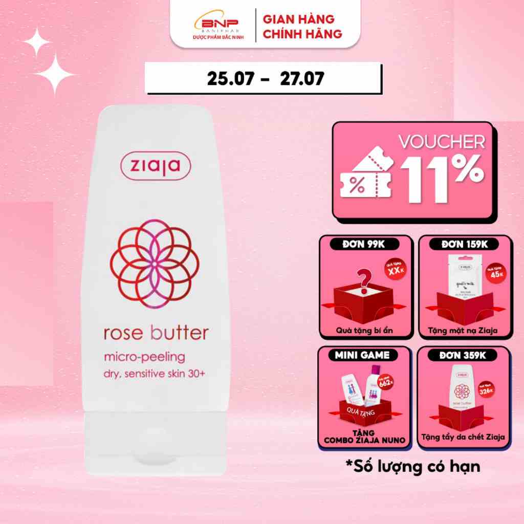 Tẩy tế bào da chết chiết xuất hoa hồng Ziaja Rose Butter Micro-Peel không gây kích ứng 60ml