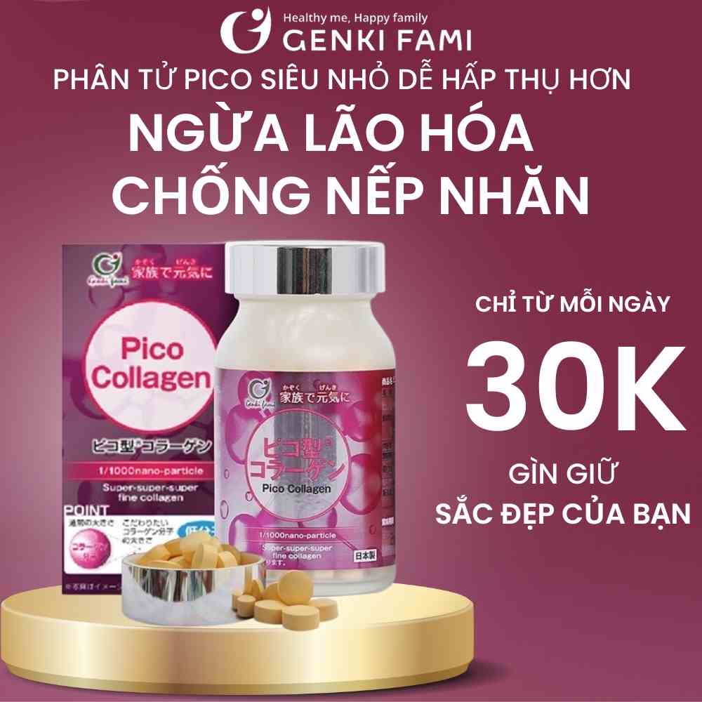 Viên uống Pico Collagen đẹp da móng tóc ngăn ngừa lão hóa da cân bằng nội tiết tố nữ Hộp 90 viên - Genki Fami