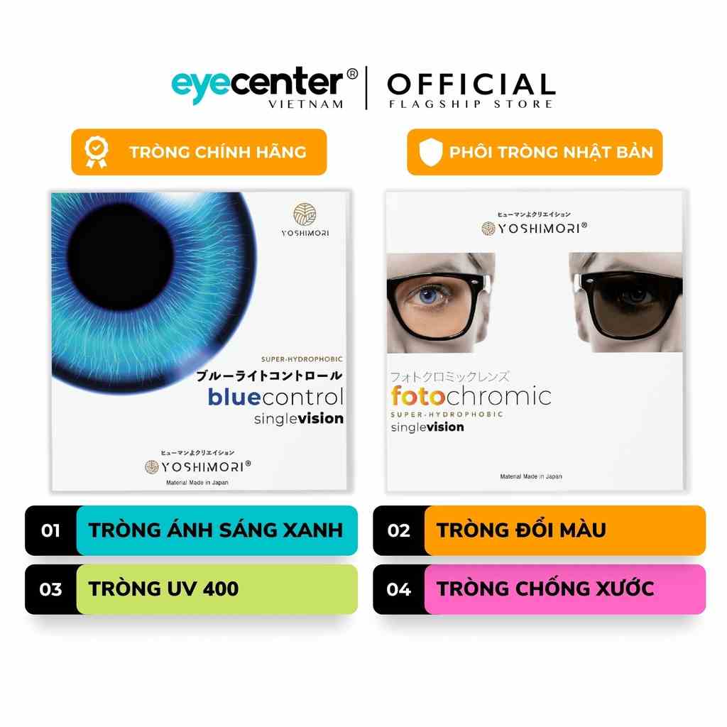 Tròng mắt cận loạn Eye Center Vietnam phôi tròng Nhật Bản chống xước chống UV ngăn ánh sáng xanh đổi màu đi nắng