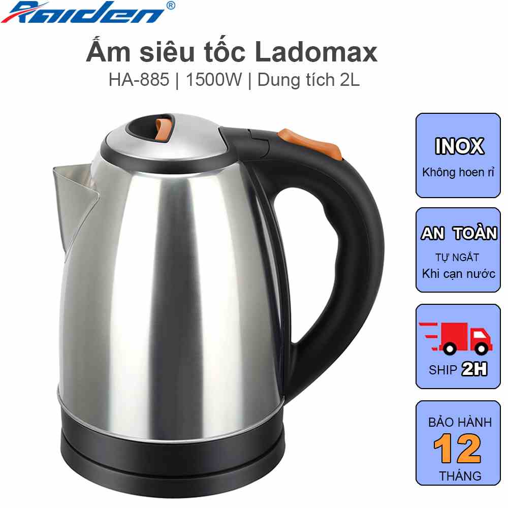 [HÀNG CHÍNH HÃNG] Ấm siêu tốc inox không gỉ Ladomax HA-885 dung tích 2 Lit nấu nước nhiều, công suất lớn đun nhanh sôi