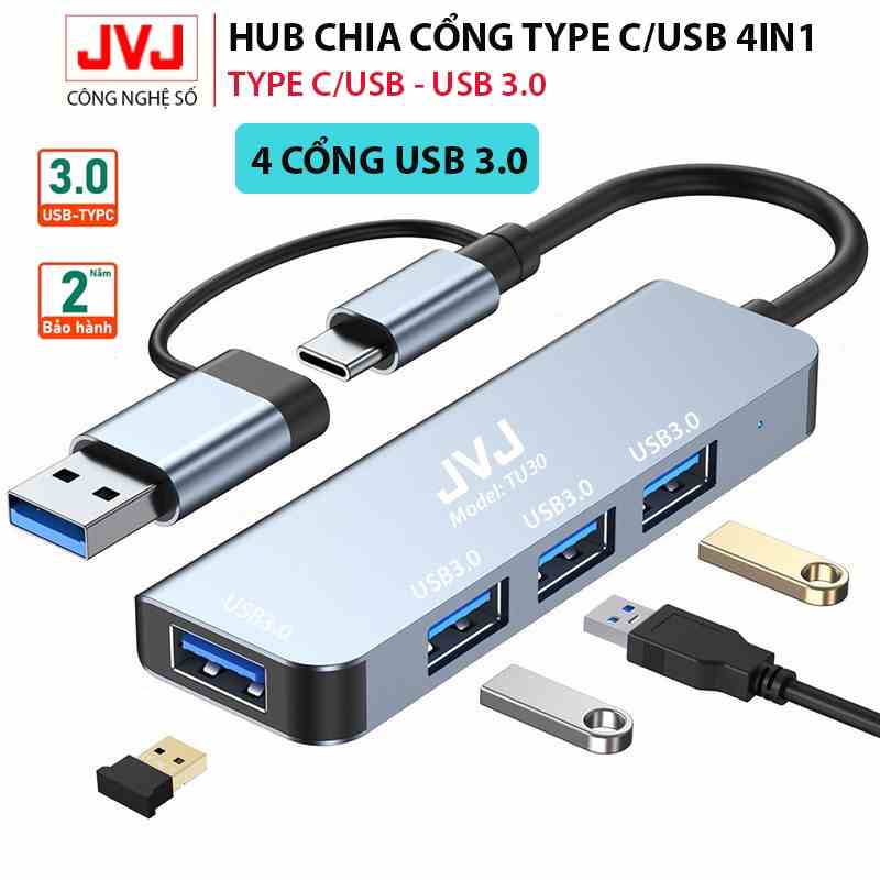 Hub USB typec C4 JVJ 4 trong 1 cổng chuyển đổi chia cổng Type-C/USB sang USB 3.0/2.0 cho MacBook laptop - Bảo hành 2 năm