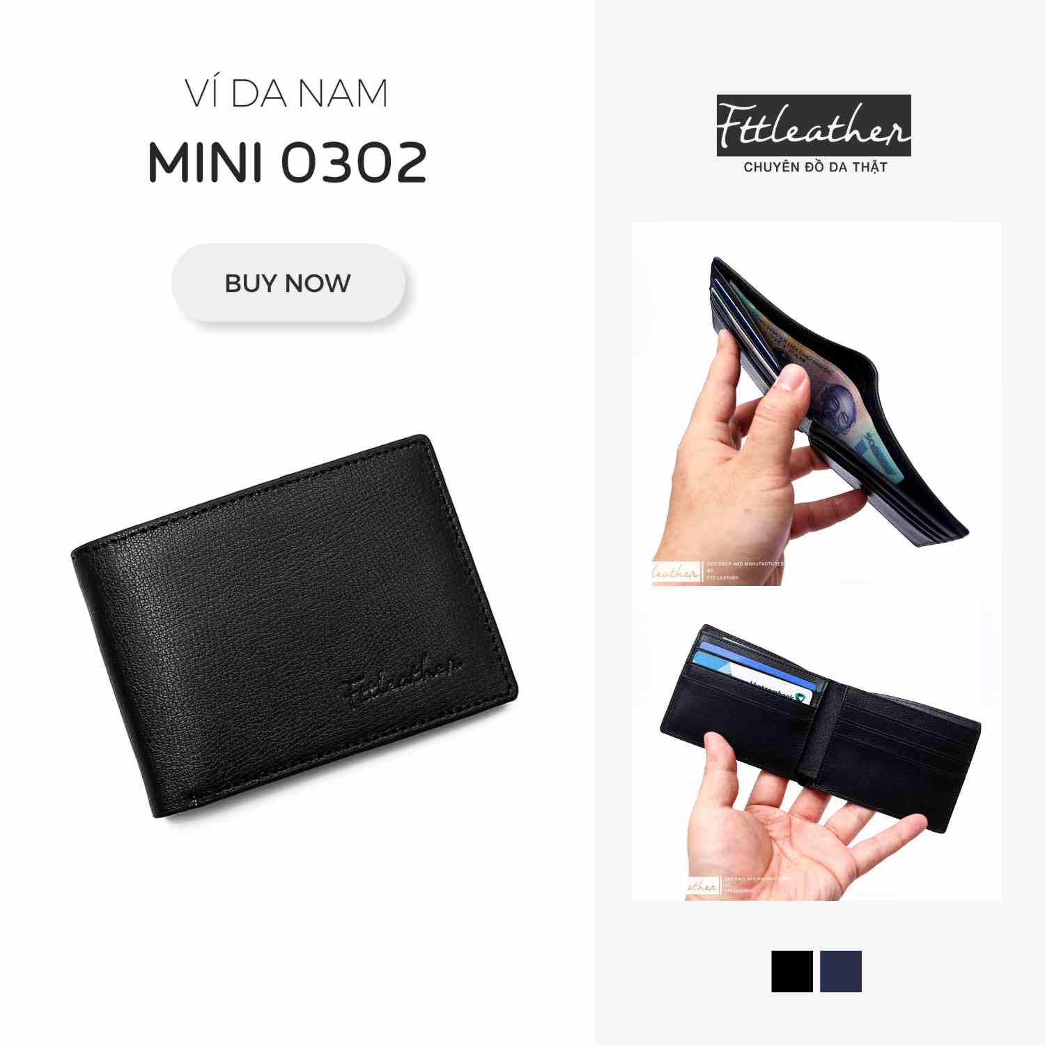 Ví nam mini đựng thẻ card Mercury dáng ngang da bò thật 100% vân nổi thương hiệu Fttleather