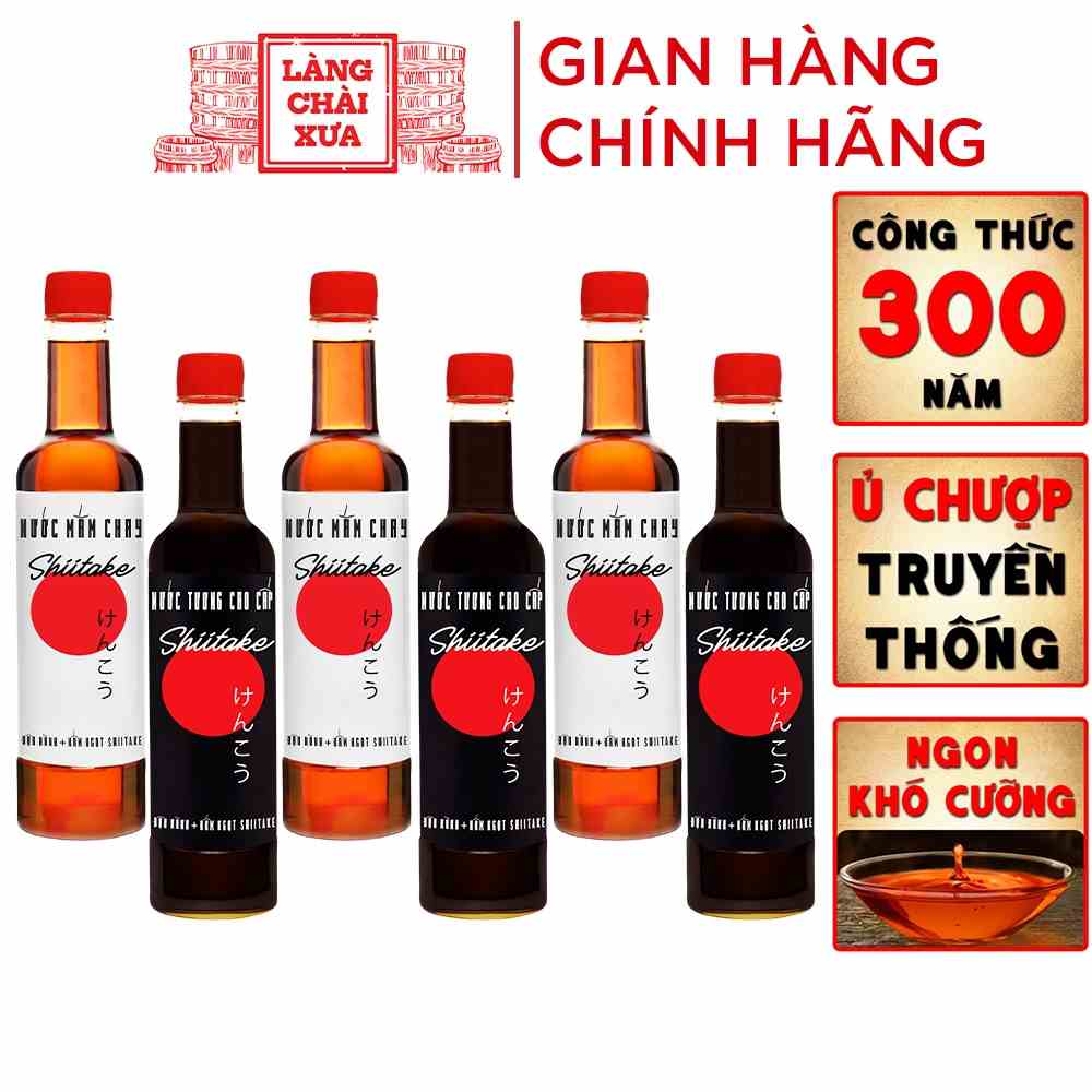 [Mua 3 được 6] Thùng 6 chai 3 chai nước mắm và 3 chai nước tương shiitake chai nhựa cao cấp 525ml/chai Làng Chài Xưa