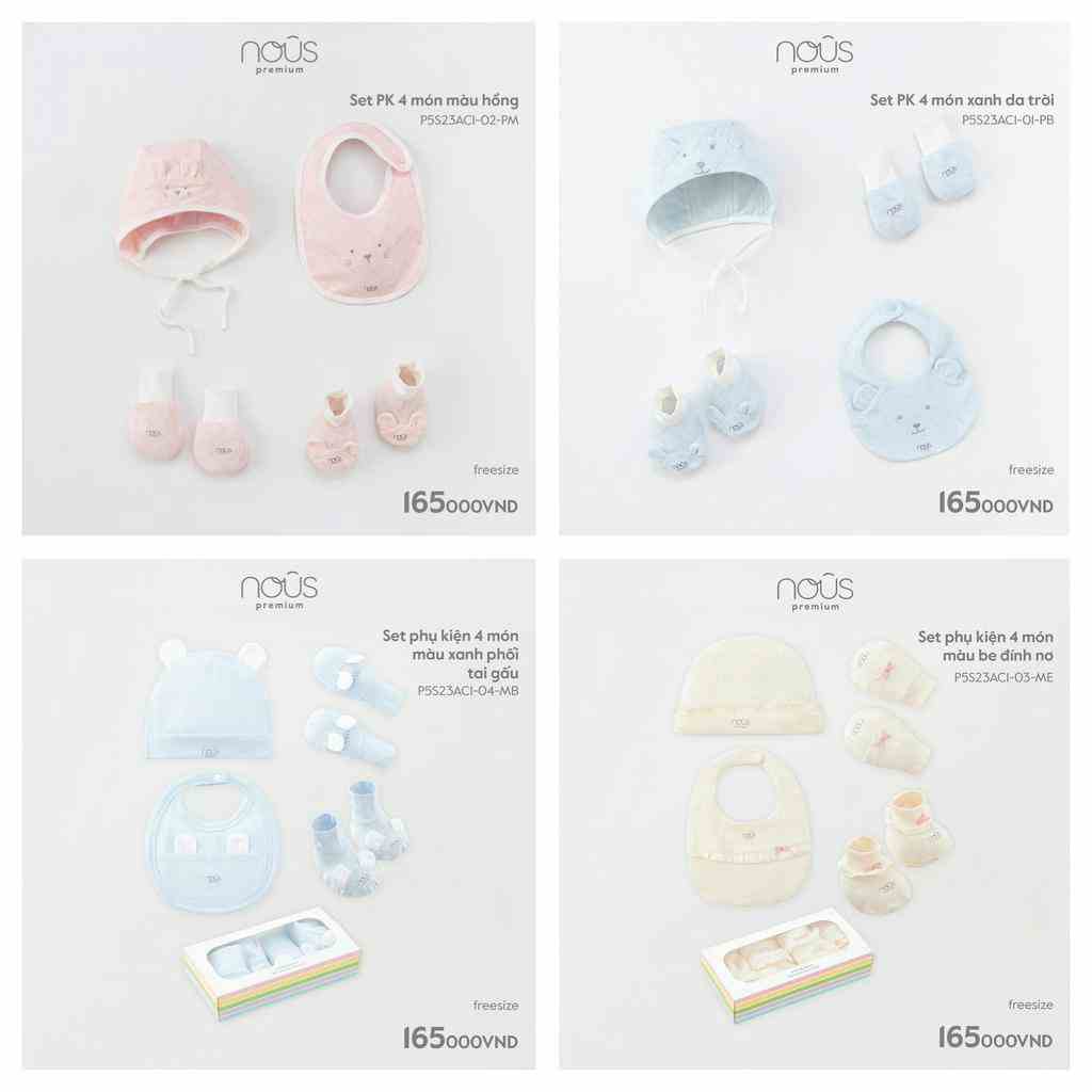 Set phụ kiện Nous - 1 mũ + yếm + đôi bao tay bao chân (newborn / sơ sinh / NB)