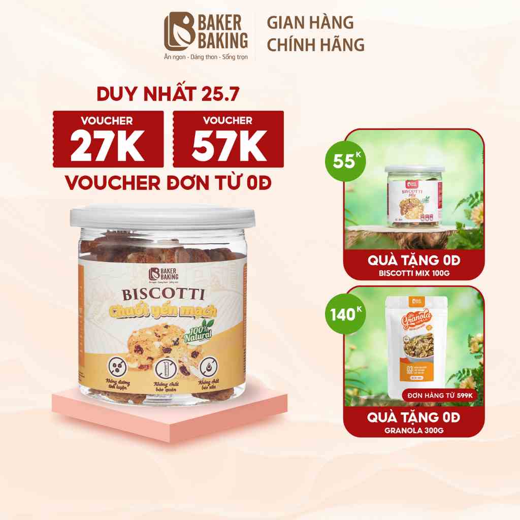 [Mã BMLTB200 giảm đến 100K đơn 499K] Bánh ăn kiêng vị chuối yến mạch Baker Baking không đường, không chất bảo quản 100g