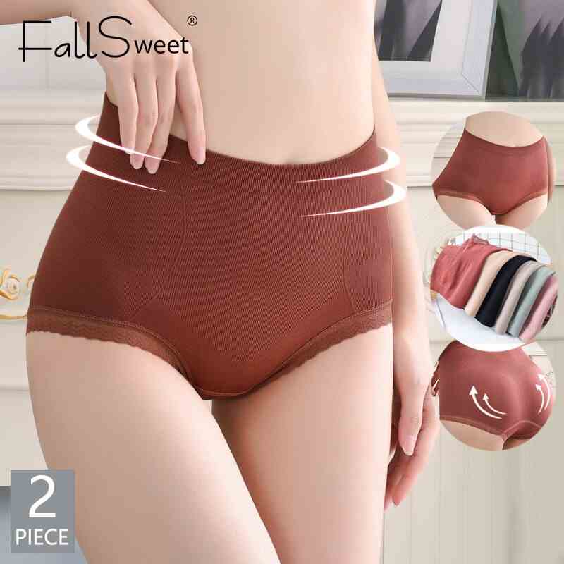 Set 2 quần lót FALLSWEET chất vải cotton mềm lưng cao màu trơn thời trang quyến rũ cho nữ