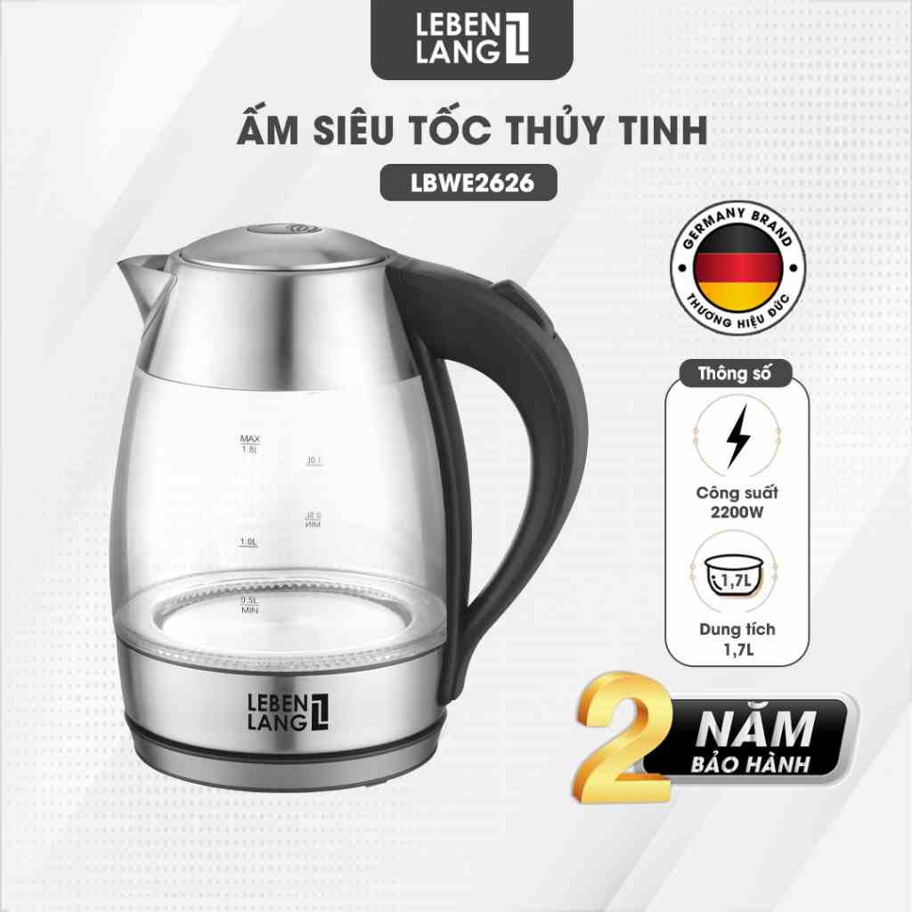 Ấm siêu tốc bình siêu tốc thủy tinh LEBENLANG LBWE2626 1.8 lít công suất 2200W bảo hành đổi trả trong 2 năm