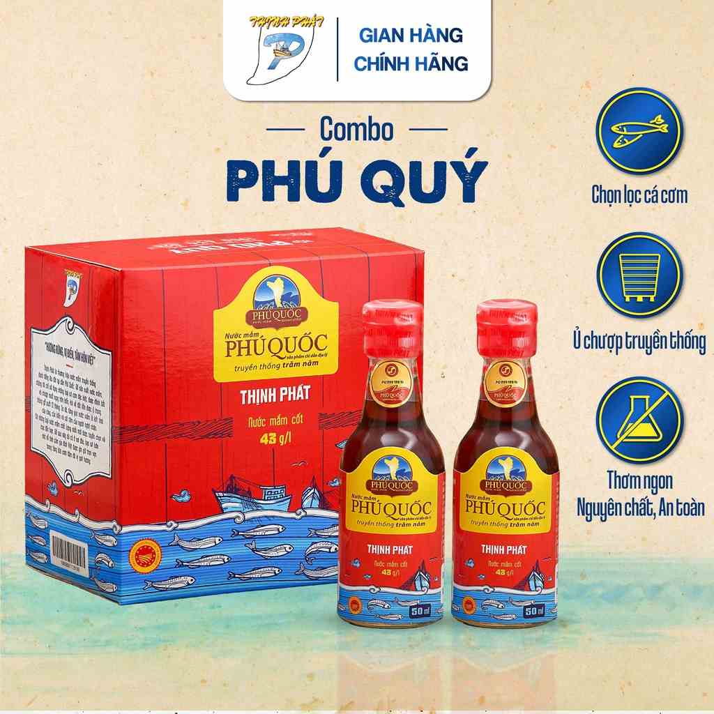 Combo hộp 6 chai 50ml Phú Quý 43 độ đạm và 1 chai Phú Quý 50ml 43 độ nước mắm Thịnh Phát- chai thuỷ tinh