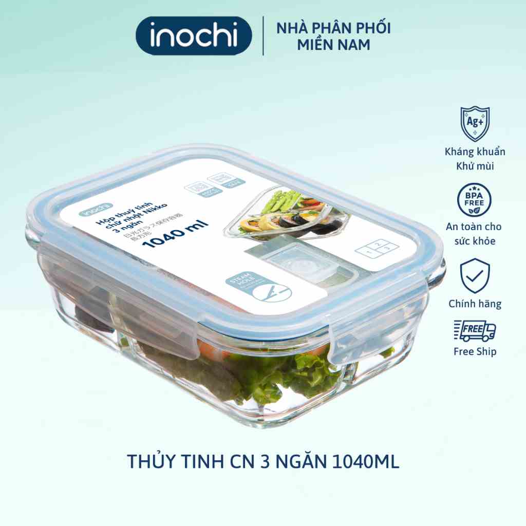 Hộp thủy tinh chữ nhật 3 ngăn 1040ml Inochi thiết kế nút thoát hơi nước chịu nhiệt 400 độ C, chống rỉ nước