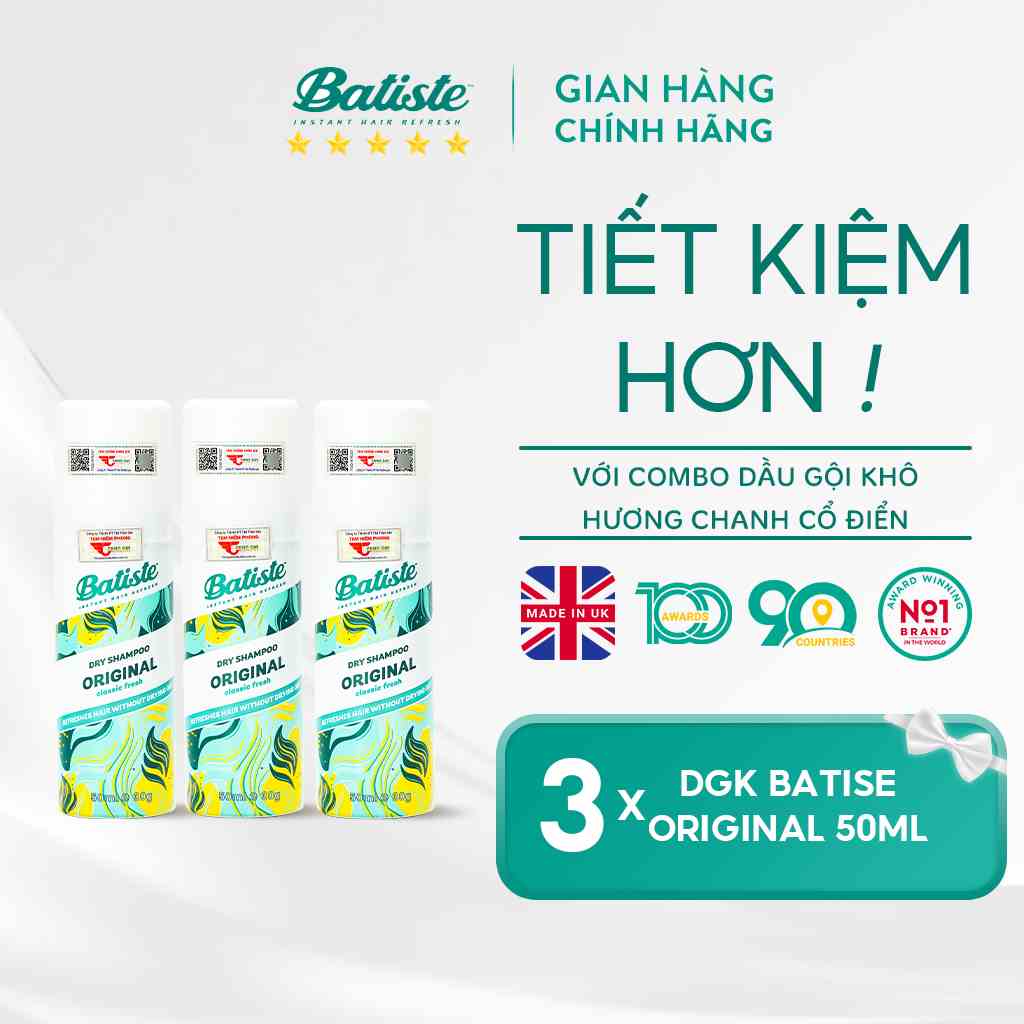 [COMBO TIẾT KIỆM] 3 Chai Dầu Gội Khô Batiste Dry Shampoo Clean &Classic Original 200ml/50ml Hương Thơm Cổ Điển Nhẹ Nhàng