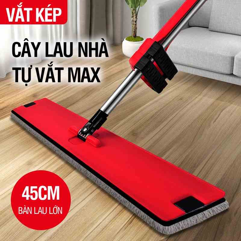 Cây lau nhà tự vắt Kitimop-REDMAX bàn lau lớn 45cm, hệ thống vắt 2 lớp, thanh thép chống gỉ, bh 12 tháng, 2 miếng lau