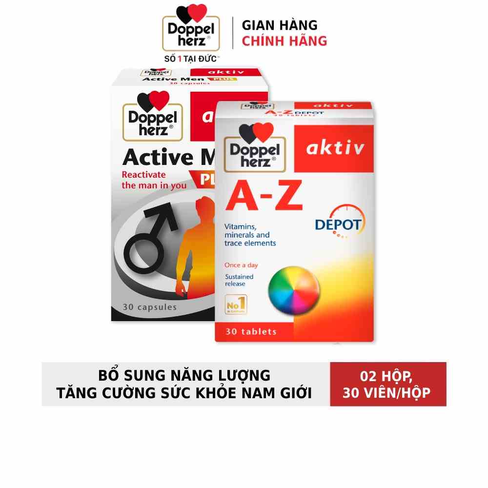 Bộ đôi bổ sung vitamin, tăng cường sức khỏe nam giới Doppelherz Active Men Plus + A Z Depot (02 hộp, 30 viên)