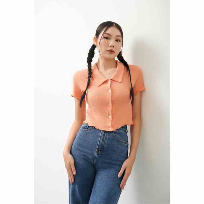 [Mã BMLTA35 giảm đến 35K đơn 99K] Áo croptop thun cổ lá sen nút gài lai gợn thời trang GAGO màu cam GA4226