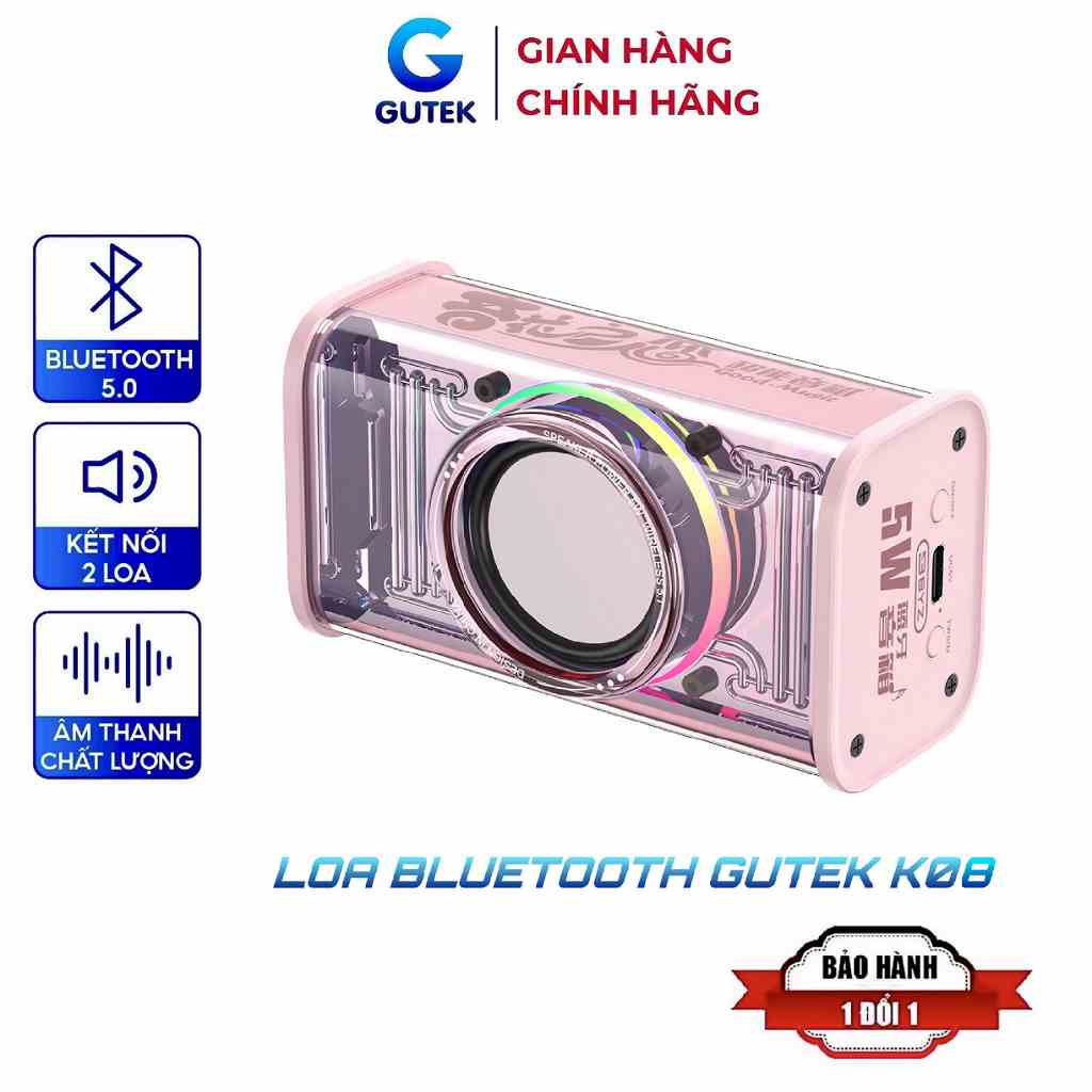 Loa bluetooth mini trong suốt Gutek K08 nghe nhạc không dây bass mạnh kết nối 2 loa tws